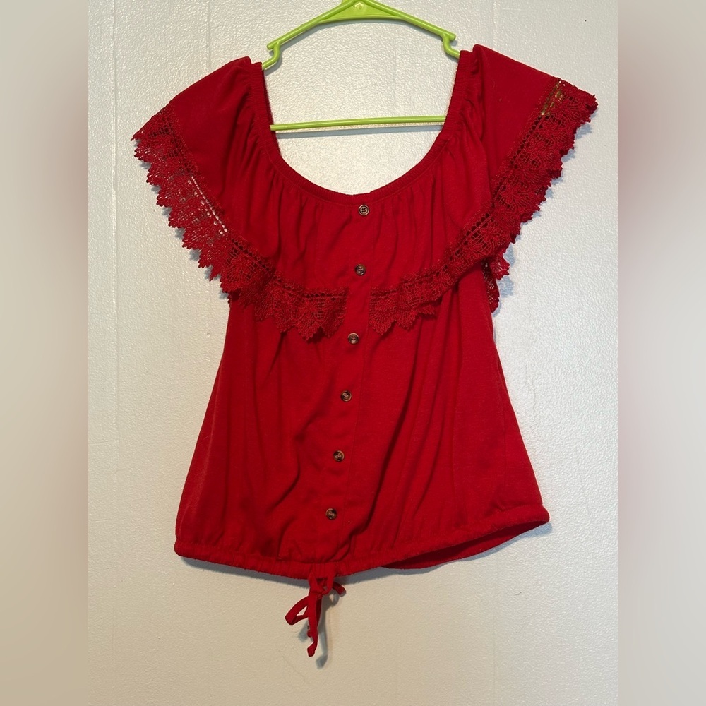 No Boundaries Red Lace Button Blouse